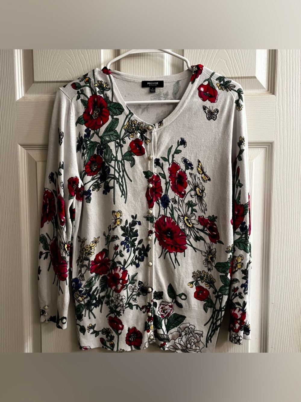 PREMISE STUDIO ~ CREAM FLORAL & BUTTERFLY CARDIGAN ~ LG